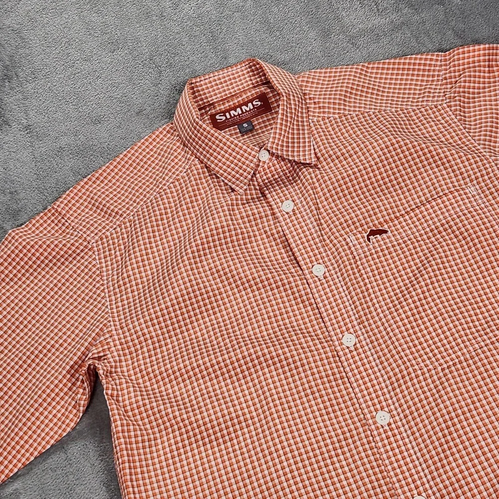 Simms Shirt Mens Small Orange Check Long Sleeve Button Up Fishing Outdoor Casual